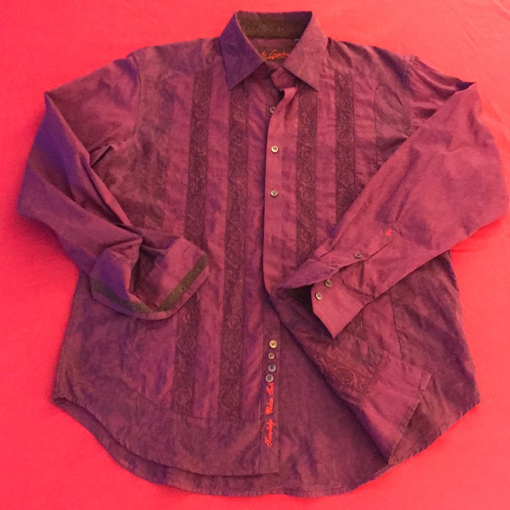 Robert Graham detailed eggplant colored shirt.